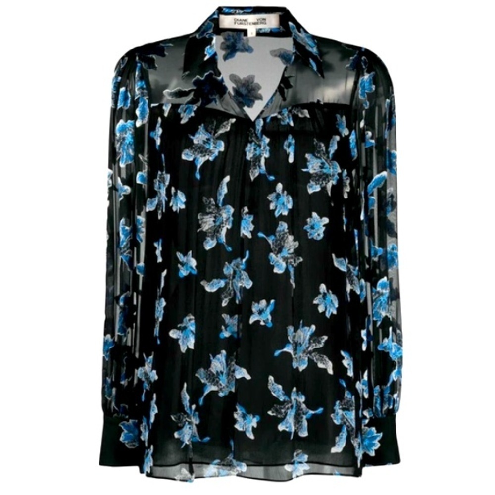 Diane Von Furstenberg Blue Floral Orchid Silk Burnout‎ Long Sleeve Blouse V Neck